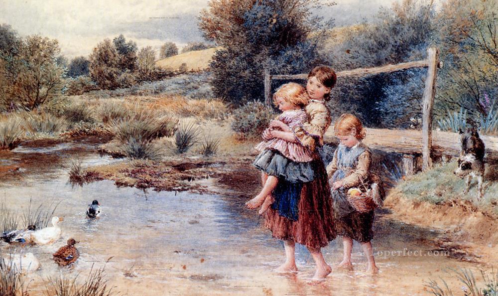 小川で漕ぐ子供たち ビクトリア朝時代のマイルズ・バーケット・フォスターのペットの子供たち油絵